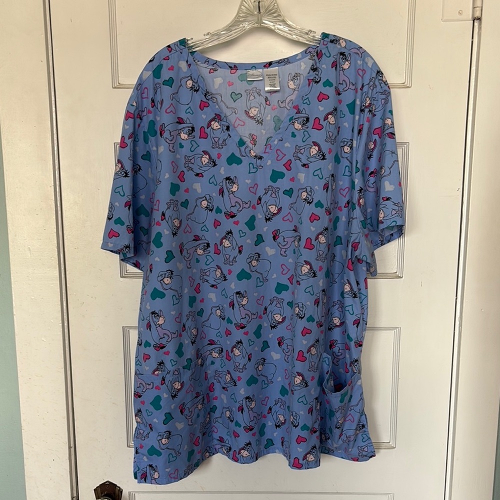 Disney Light Blue Eeyore Print Scrub Top Size 3X